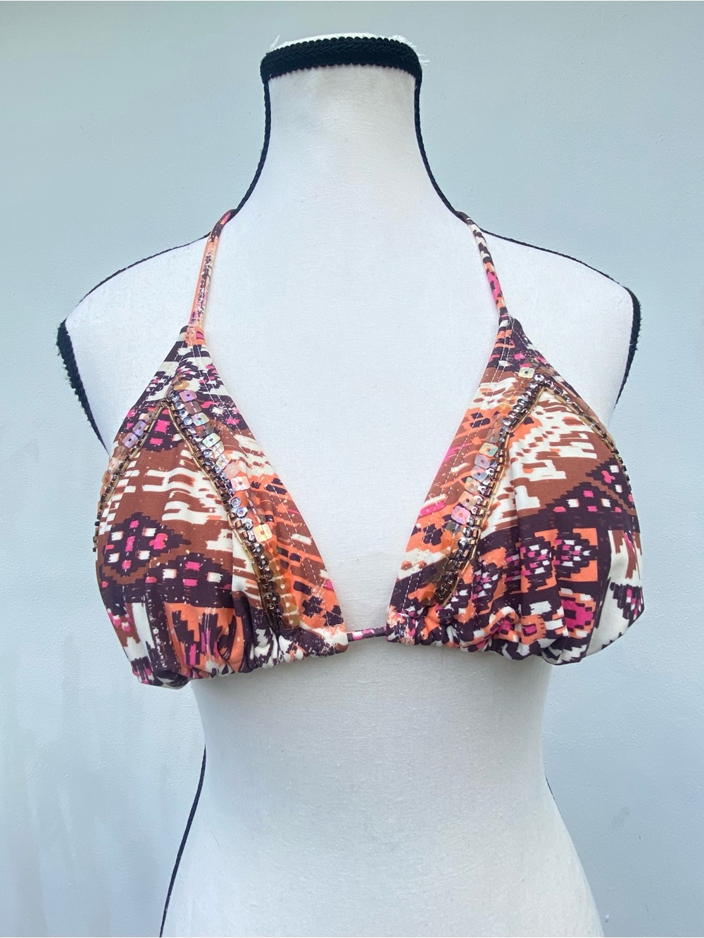 Y2K Xhilaration Tan & Pink Ikat Sequin Bikini Top Size Medium